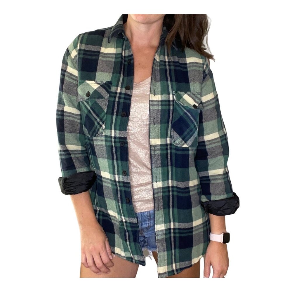 Vintage Ozark Trail Plaid Shirt Size Medium Jacket Quilted Green Navy Shacket